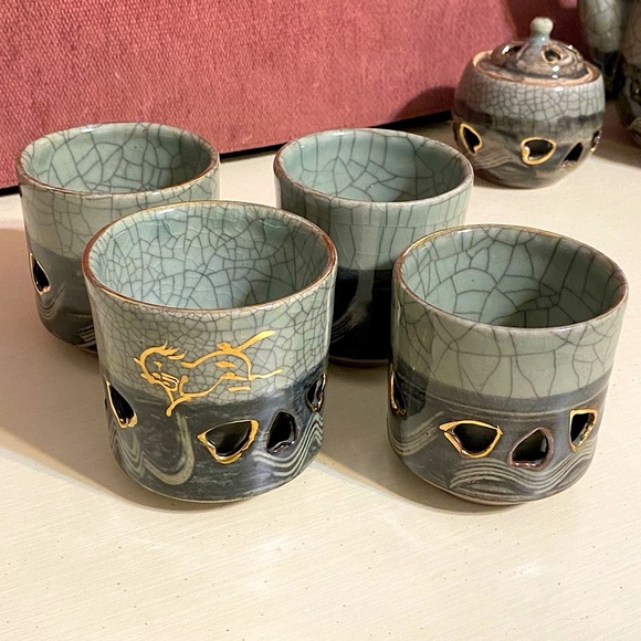 1940βs 6-Piece Japanese Somayaki Double-Wall Tea Set - Picture 8 of 15